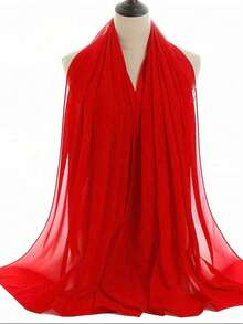 1pc Casual & Versatile Modest Hijab Lightweight Solid Color Chiffon Scarf, Spring/Summer - Watermelon Pink - View 16