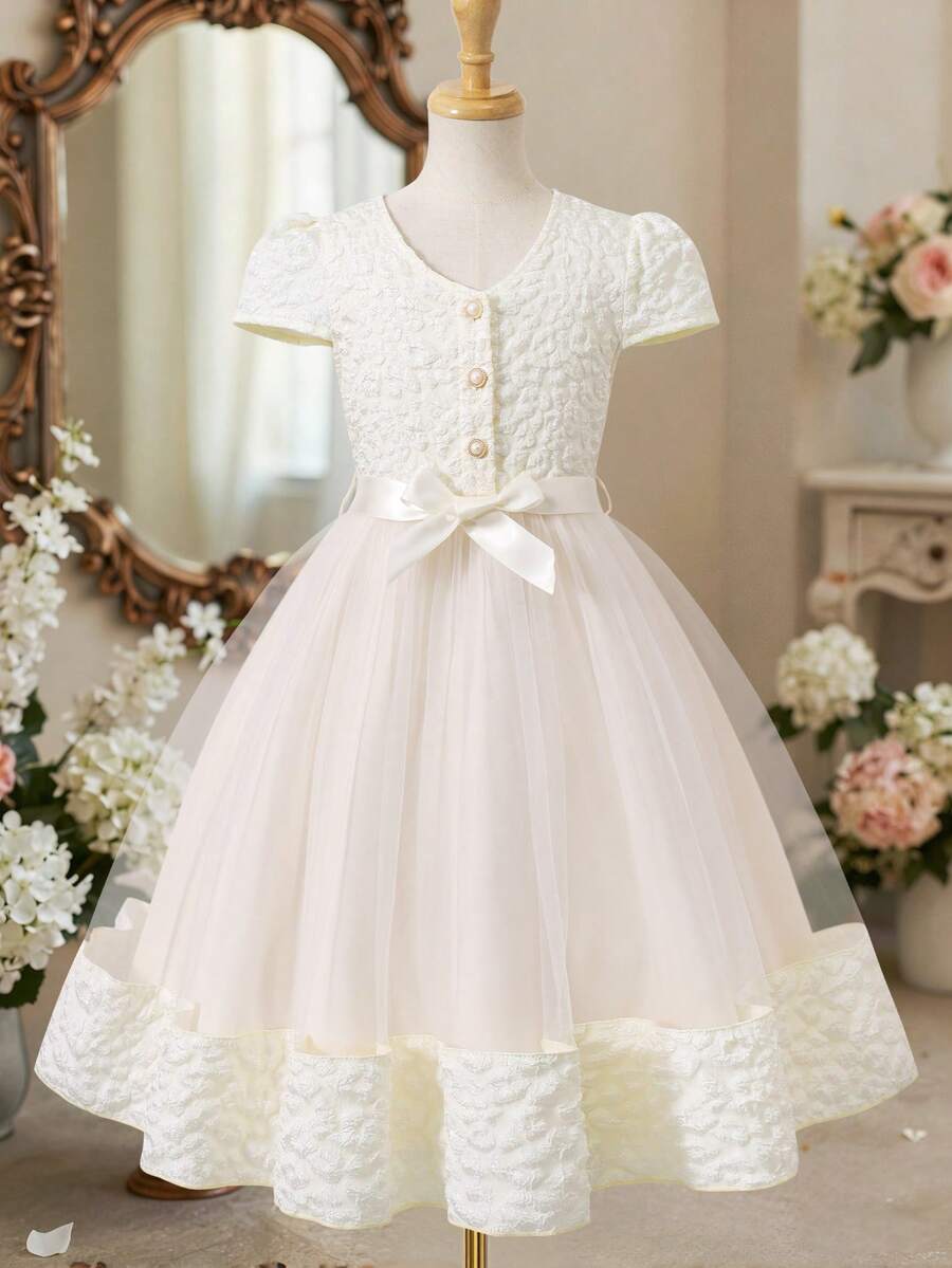 Robe à superposition de maille jacquard nuage verte pour filles, convient pour les vacances, les fêtes, les mariages - Nude - Voir 1