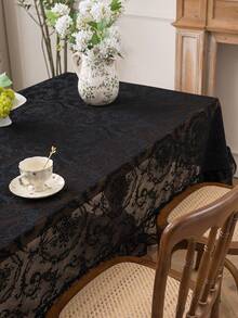 1pc Elegant French Floral Lace Trim Tablecloth, Fresh Decor For Dining Table, Holiday - Black - View 9