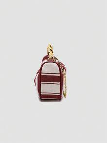 1pc Canvas Bag Summer New Arrival, Women's Bag With Metal Handle Mini Zipper Crossbody Bag, Canvas Small Casual Handbag Shoulder Bag, Perfect For Beach Vacation, Comes With Detachable Shoulder Strap - Burgundy - View 6