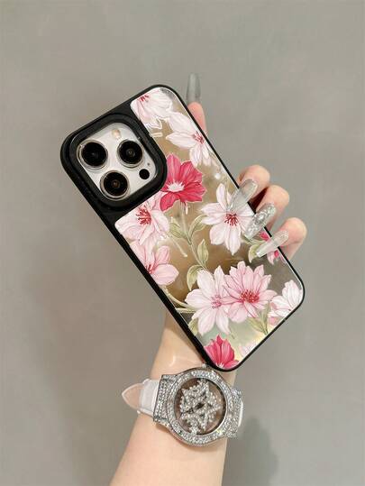 可爱黑色镜面元素时尚防震粉色花卉图案镜面防震手机壳，适用于 17、16、15、14、13、12、11 Pro Max及系列机型