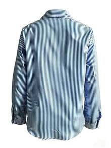 Blusa elegante y casual de manga larga con botones y rayas, estilo retro, para mujer, ideal para primavera/verano, días festivos/Día de San Valentín - Azul y blanco - Ver 8