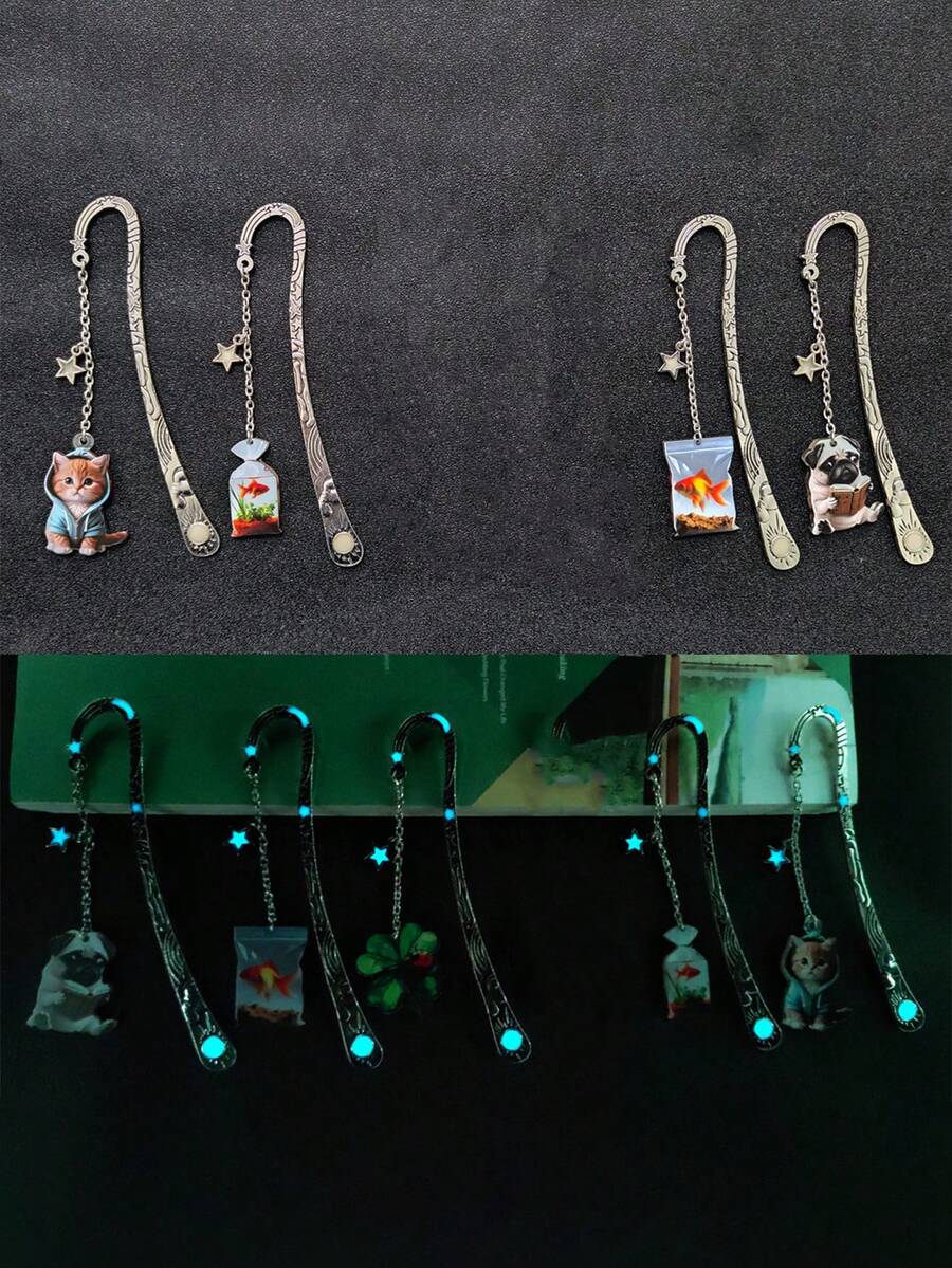 夜光金属书签，创意猫狗吊坠，学生阅读发光书签，亚克力文具礼品 - 多色 - 查看 1