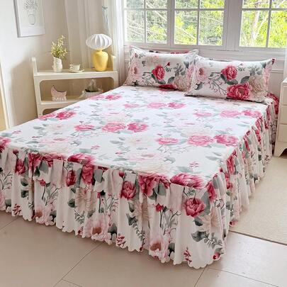 Bộ 1 ga phủ giường chống trượt in họa tiết + 2 vỏ gối (không kèm ruột gối), ga phủ giường chống trượt có bèo nhún, tấm bảo vệ giường chống bụi bốn mùa, bộ đồ giường ngủ phong cách đồng quê đơn giản, ga phủ giường phủ kín, tấm che bụi phòng ngủ, phù hợp cho mọi mùa.