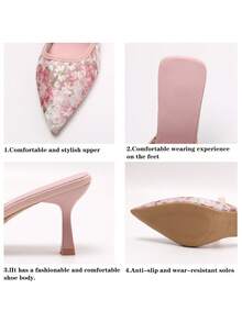 Sandálias femininas de salto alto de 7 cm com detalhes florais em tela, bico fechado, pretas, com salto baixo e tira elástica, estilo fada. - Rosa Quente - Ver 9