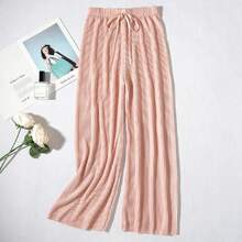 2025 Pantalones cortos informales coreanos de seda de hielo sueltos plisados para mujer, pantalones de pierna ancha, ropa deportiva clásica para el hogar, ropa para niñas, Top negro - Rosa - Ver 6