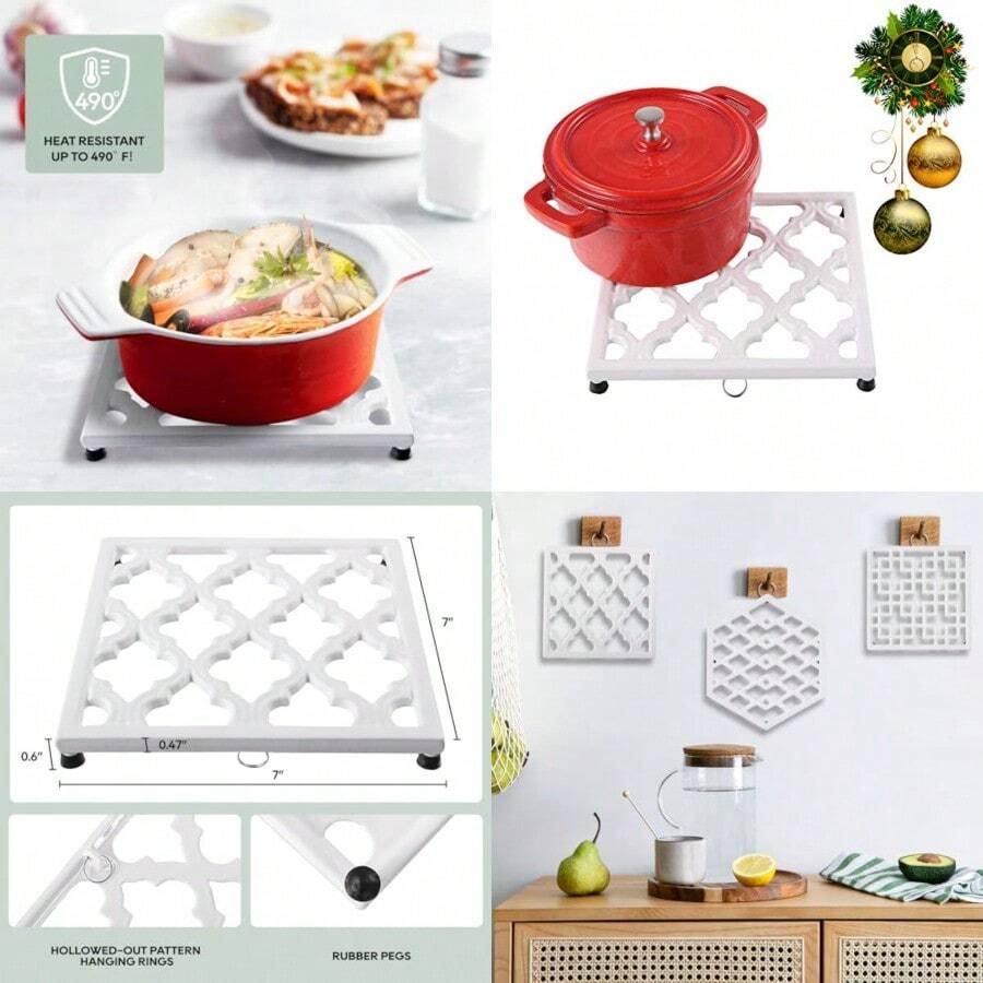 Square Cast Iron Trivet White Metal Trivets for Kitchen Dining Hot Pot Holder Hot Pads for Table and Countertop - Heat Resistant Teapot Trivets - Blanco - Ver 1