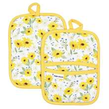 Heat Resistant Designer Pot Holders with Hand Pockets and Hanging Loops Set of 2 100% Cotton Dual Function Kitchen Pot Holders and Trivets 7'' x 9'' Sun Flowers - Amarillo - Ver 2