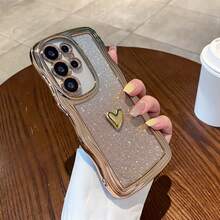 1pc Electroplated Small Heart/Electroplated Glitter Wavy/Four-Corner Air Cushion Shockproof/Transparent Phone Case Compatible With Apple 11/12/13/14/15/16 Pro Max Series, S25/S24/S23/S22 Series/A Series, MT, Etc. - Gold - View 1