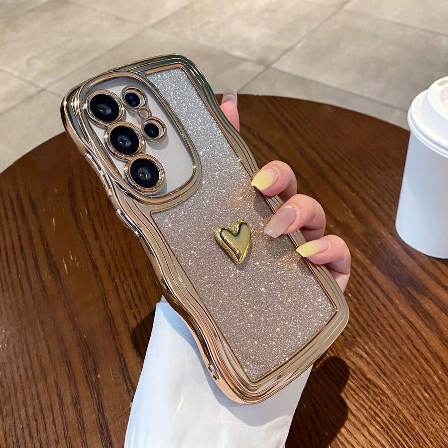 1pc Electroplated Small Heart/Electroplated Glitter Wavy/Four-Corner Air Cushion Shockproof/Transparent Phone Case Compatible With Apple 11/12/13/14/15/16 Pro Max Series, S25/S24/S23/S22 Series/A Series, MT, Etc. - Gold - View 1