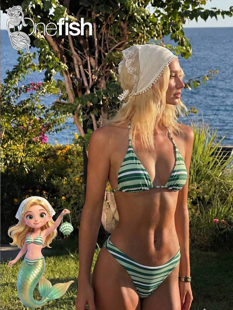 Onefish Bộ bikini tam giác kẻ sọc xanh lá cây, áo bikini tam giác dây mảnh buộc sau lưng có thể điều chỉnh, đệm mút có thể tháo rời, chất liệu vải mềm mại co giãn, họa tiết kẻ sọc nhiều màu, kiểu dáng phối màu tương phản tươi mới, thích hợp cho kỳ nghỉ hè trên bãi biển. - màu xanh lá - Xem 1