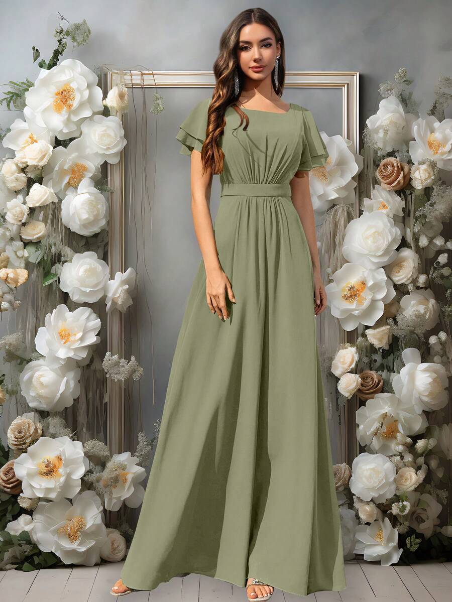 Volly Toych Elegant Matcha Green Long Bridesmaid Dress, Round Neck Ruffle Short Sleeve, Flowing Chiffon Fabric, Suitable For Weddings Spring - Matcha - View 1