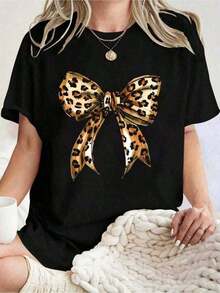 100% Cotton Coquette Leopard Print Bow Cute Girly Girl Bow Print T-Shirt, Short Sleeve Crew Neck Casual Top For Summer & Spring, Women's Clothing Western Graphic Tees Men Clothes Camisas Para Hombre Graphic Tees Women Clothes Summer Tops Summer Clothes Graphic Tee Shirts - màu đen - Xem 6