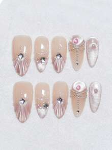 10Pcs Medium Long Pointed Almond Handmade Press On Nails, Nude Pink Cat Eye With 3D Shell Pearl Zirconia Crushed Diamond Decor, Luxury Mermaid Summer Vacation Y2K Nails, Reusable For Daily Dating Wedding, Ideal Gift For Girls - Multicolor - View 3