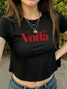 Women's Fashionable, Elegant, Casual, Versatile Crop Top T-Shirt With "Voil￠" French Print, Suitable For Everyday Wear, School, Beach, Holidays And Summer Leisure Outfits At Home - 黑色 - 查看 1