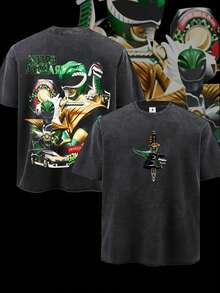 (1PC/Double-Sided)WILD PLAY,Mens Creative Power Rangers Green Ranger Print T-ShirtAmerican Vintage Full Print Streetwear Essential T-Shirt Men Graphic T-Shirt - 黑色 - 查看 1