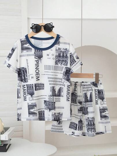 Tween BoyRetro Architecture Print Pajama Set, Summer Boys' Lightweight Short Sleeve T-Shirt And Comfortable Breathable Shorts, 2pcs Children Casual Sleepwear Set