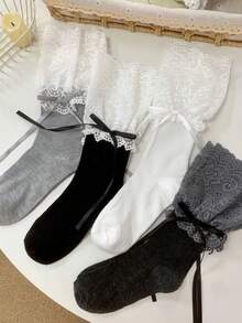 1/4 Đôi tất dài đến bắp chân kiểu ballet, chất liệu ren, xếp ly và có nơ, rất dễ thương, thích hợp cho mùa xuân/hè. - Nhiều màu - Xem 13