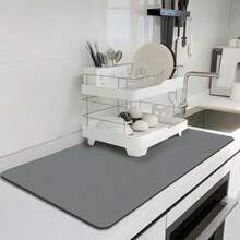 BLESWIN - Tapete de secado de platos para cocina 16 x 24 pulgadas tapete de café para encimeras estación de café mate con respaldo de goma antideslizante tapete absorbente para morir platos para - Gris - Ver 2