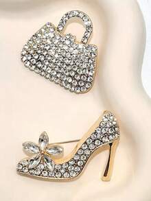 2 piezas Broche de zapato de tacón alto y bolso con strass, accesorio de vestido de fiesta de color dorado exagerado, joyería de mujer - Conjunto de dos piezas - Ver 2