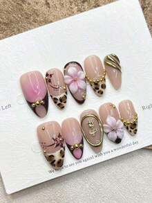 10pcs French Leopard Print Almond Shaped 3D Carved Glamorous Y2K Metallic Gilded Studded Handmade Press-On Nail Tips Nails Handmade Press On Nails - S - 查看 4