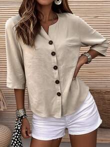 Button Front 3/4 Sleeve Blouse - Khaki - View 4