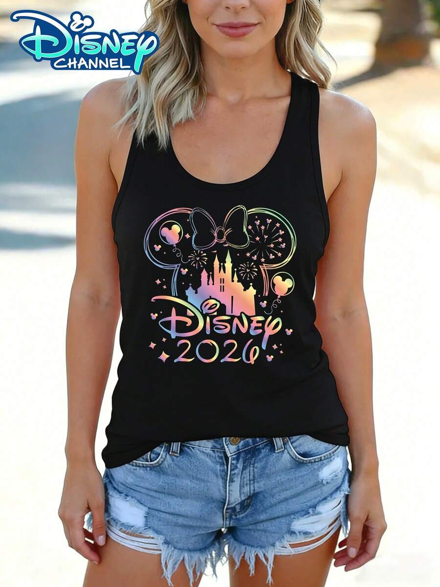 Disney Official Authorization | Women's Casual Crew Neck Sleeveless Tank Top. Featuring A Mickey Mouse Head Silhouette, Combined With 2026 Rainbow Castle, Fireworks And Balloon Elements. The Fabric Is Soft And Breathable, Making It Perfect For Vacations, Outings And Daily Casual Wear. - màu đen - Xem 1