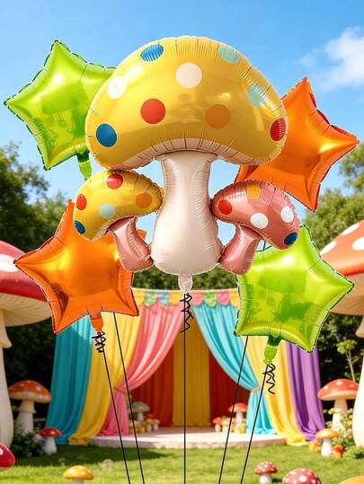 5pcs Large Connected 3 Mushroom Shaped Balloons, 18 Inch Orange & Light Green 5-Pointed Star Balloons, Suitable For Birthday Party, Baby Shower, Spring Theme, Camping Party Decoration