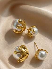 1 par de pendientes de metal de cobre con perlas falsas, adecuados para el uso diario de las mujeres, que muestran un estilo de joyería lujoso - Pendientes - Ver 4