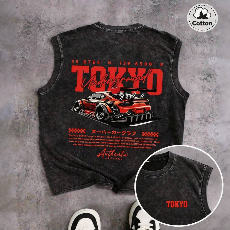 Men's Printed Vintage Washed Vest, Loose Fit, Casual Street Style, An Essential Everyday Item - Đen 1 - Xem 1