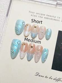 10pcs Handmade Nails Almond Nails Press On Nails Medium, Western Nails Pink Nails, Blue French Tip Nails, Handpainted Mermaid Aurora Powder, Nail Gems Small Pearl Inlaid, European & American Style Elegant Luxury Spring Press On Nails, Y2K Baddie Goth Junk Aesthetic, Summer Nails DIY False Nail Art Party Daily & Dating Use Beach Tropical Getaway Suitable Reusable, For Women & Girls As Gift Nail Supplies - 彩色 - 查看 2
