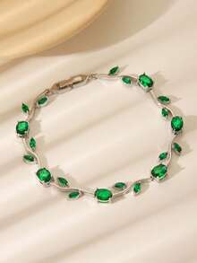 1pc Elegant Green Zirconia Leaf & Tulip Chain Bracelet, Suitable For Women's Daily, Festival, Date, Party, Wedding Accessories Or As Valentine's Day, Mother's Day Gift, Summer Holiday Accessory - Silver - View 8