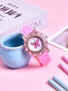 Children's Gift, Soft Silicone Strap Luxury Crystal Butterfly Quartz Watch, Fashionable Wristwatch For Girls - Pink - View 8