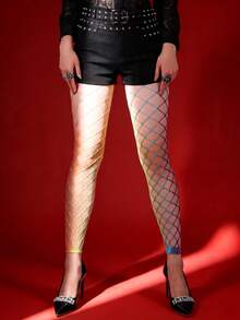 Curve Tights Elastic 7/8 Leggings, Gothic Style Hollow Fishnet Stockings, Sexy Sheer Pantyhose, Skinny Colored Tights, Versatile For Spring/Summer, Suitable For Vacation, Dating, Halloween Costume, Skort Pairing - Multicolor - View 15