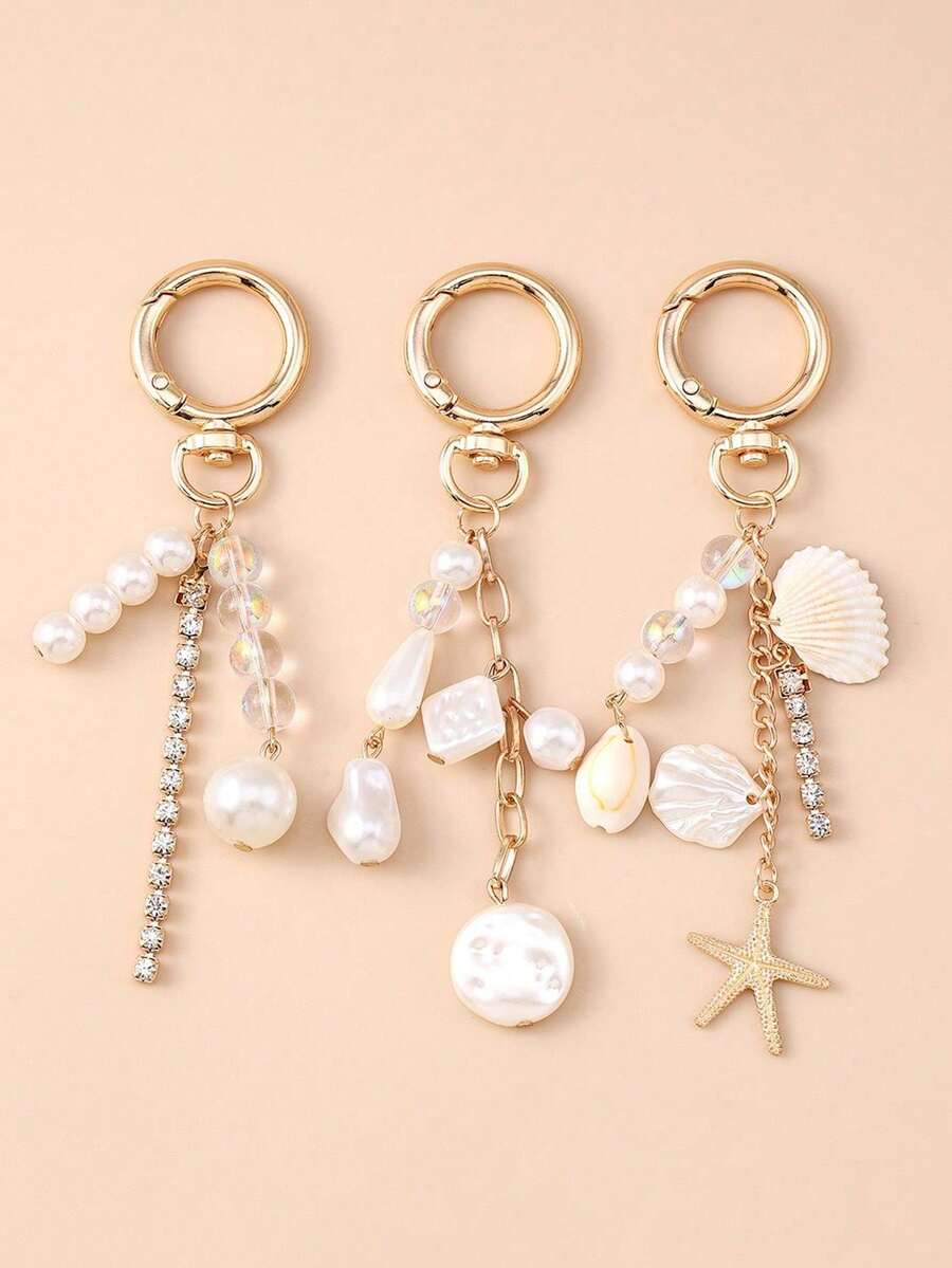 1pc Fashionable High-End Shell Pearl Keychain, Beaded Bag Charm - Multicolor - View 1