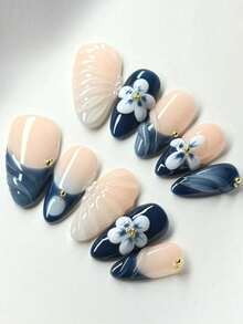 10片/套 手工亚克力按压式美甲贴片，中长杏仁形美甲，法式美甲，蓝色美甲，3D手工树脂花朵，3D条纹，3D雕刻美甲，渐变美甲。美甲用品，假指甲，可卸假指甲，美甲配件，美甲艺术，适合派对、舞会、日常佩戴、学生派对、角色扮演，按压式可重复使用，附赠果冻胶和指甲锉，DIY美甲用品。 - 彩色 - 查看 1