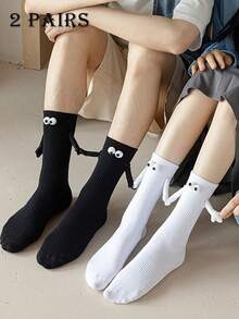 1/2 pares de calcetines creativos magnéticos blanco y negro con diseño de manos entrelazadas, decoración de ojos grandes en 3D, calcetines de pareja interesantes para uso diario y al aire libre - Blanco y Negro - Ver 9