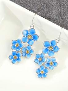 一对优雅复古蓝色花朵耳坠，精致花簇耳环，柔美风格日常佩戴 - 藍色 - 查看 6