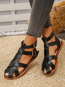 1 đôi sandal nữ màu trơn, kiểu dáng La Mã, mũi kín, được làm từ chất liệu liền mạch mềm mại và linh hoạt, với hai quai buộc ở mắt cá chân giúp phá vỡ sự đơn điệu, mang lại sự thoải mái trong từng bước đi. - Baotou Đen - Xem 8