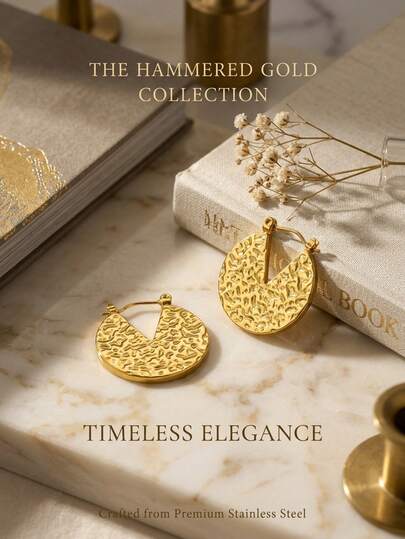 1 Pair Vintage Hammered Textured Round Disc Hoop Earrings, V-Split Open Design, High-Grade Gold-Plated Premium Stainless Steel, Tarnish-Free & Hypoallergenic, Women's Earrings For Daily Wear/Office/Commute/Date/Party/Vacation/Retro Outfits/Minimalist/Boho/Casual/Work/Gift/Anniversary/Bridesmaid/Travel/Streetwear/Beach/Vintage Inspired Looks