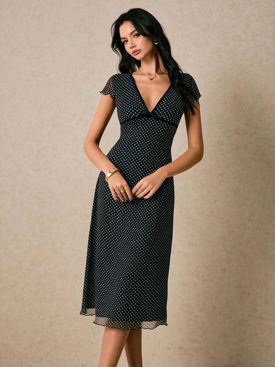 Women's Elegant Blue Floral Print Midi Dress With V-Neck And Lettuce Trim Detail - 黑色 - 查看 1