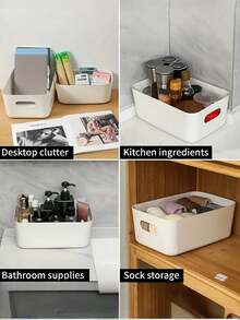 Stackable White Plastic Storage Basket With Integrated Handle, Minimalist Design, Nestable For Space Saving, Made Of Durable PP Material With Smooth Rounded Edges, Lightweight Yet Sturdy, Easy To Clean, Multipurpose For Cosmetics, Bathroom, Bedroom, Kitchen, Office, Toys, Snacks And Home/Apartment Organization - Multicolor - View 7