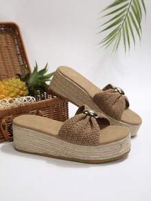 Women's Metal Buckle Decor Straw Woven Platform Wedge Sandals, Comfortable Minimalist Design, Suitable For Vacation, Beach, Home, Daily Wear In Summer, Fashionable Casual Woven Open Toe Slippers - Brown - View 7