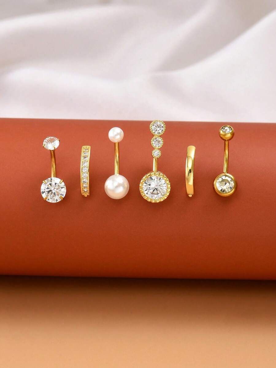 6pcs Faux Pearl Belly Button Rings, Cute & Sexy Waist Decor For Women - Yellow Gold - View 1