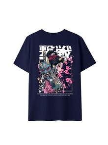 日系“鬼女”风格女式T恤，标准款，樱花图案，舒适短袖上衣，独特圆领街头风动漫灵感休闲服饰 - 藏青 - 查看 4