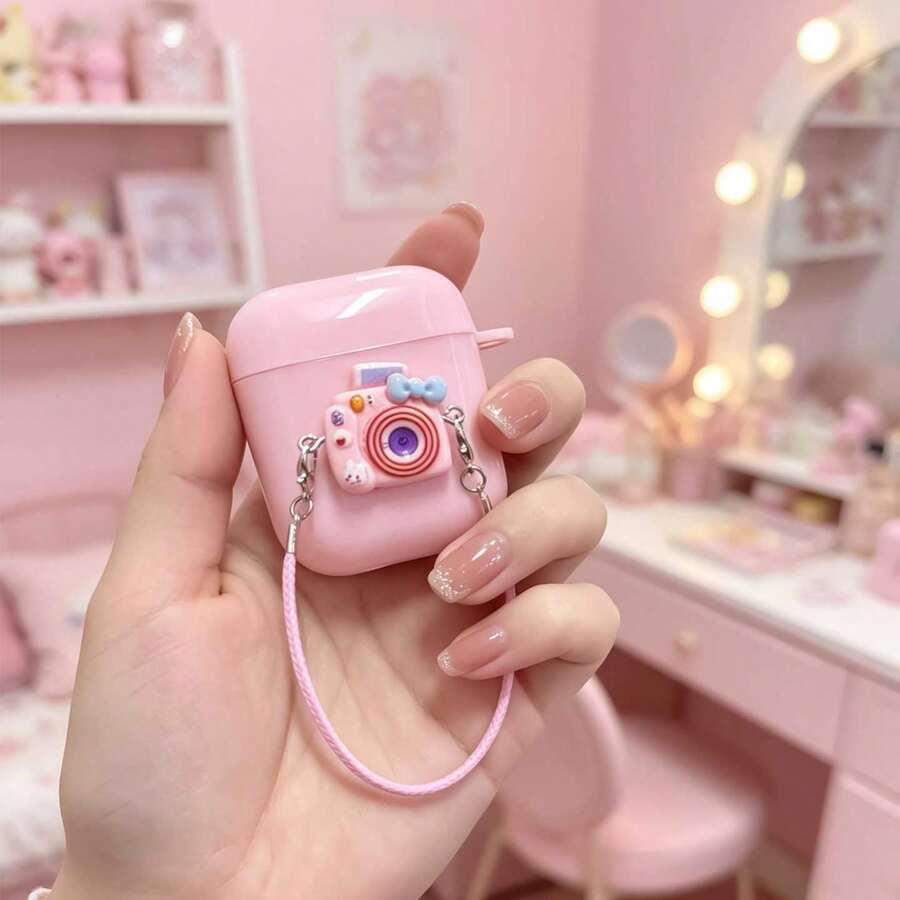 1 pieza Funda protectora de auriculares de TPU suave, funda de auriculares con forma de cámara mini rosa estilo INS Girly con tapa completa, con cordón trenzado y decoración de lazo 3D, compatible con Apple 1/2/3/4/Pro/Pro 2/Pro 3 - Rosa - Ver 1