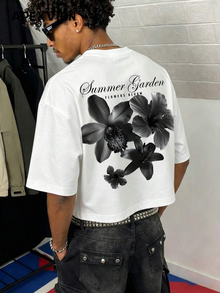 Open Phase Summer Garden Oversized Short Sleeve Cropped Tee, Black Floral Print, Casual Streetwear Couple Round Neck T-Shirt - White-black - View 1