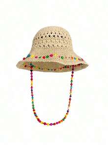 1pc Bohemian Style Colorful Beaded Bucket Hat, Women's Sun Hat, Wide Brim Straw Beach Hat, Foldable, Suitable For Ponytail In Summer Travel, UV Protection, Women's Beach Hat, Wide Brim Straw Sun Hat, Women's UV Protection Sun Hat, Foldable Soft Hat, Women's Wide Brim Straw Sun Hat, UPF 50+, Foldable Rollup Soft Hat, Women's Beach Hat - 淺卡其色 - 查看 2