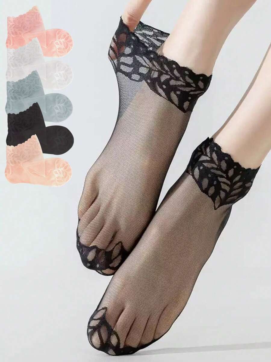 1/5 pares de calcetines de malla de encaje floral de moda, calcetines de tul transparentes delgados, medias transpirables para mujeres - Multicolor - Ver 1