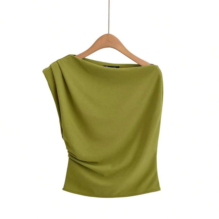 Camiseta de punto multicolor con diseño plisado y hombros descubiertos - verde oliva - Ver 1